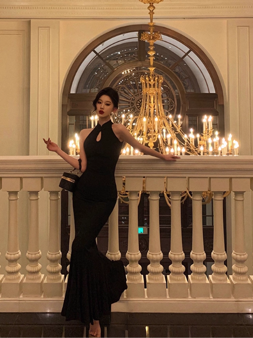 Elegant Black Sleeveless Mermaid Draped Ruched Evening Gown TP5121