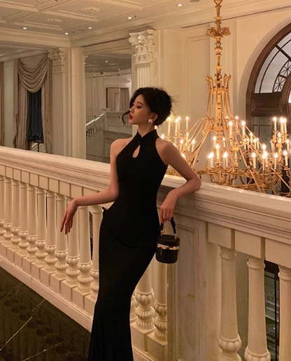 Elegant Black Sleeveless Mermaid Draped Ruched Evening Gown TP5121