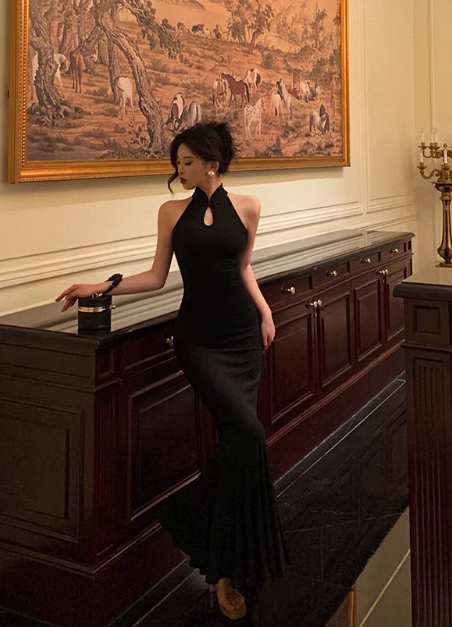 Elegant Black Sleeveless Mermaid Draped Ruched Evening Gown TP5121