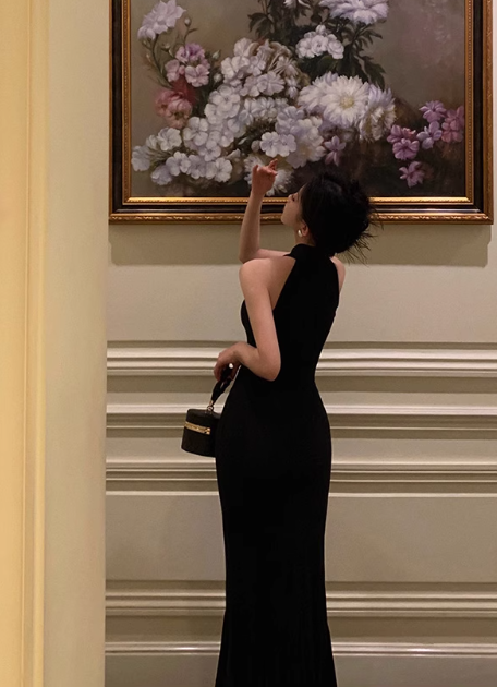 Elegant Black Sleeveless Mermaid Draped Ruched Evening Gown TP5121