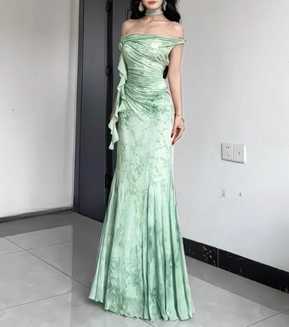 Vintage-Inspired Mint Green Off-Shoulder Floral Mermaid Ruched Ruffled Evening Gown TP5126