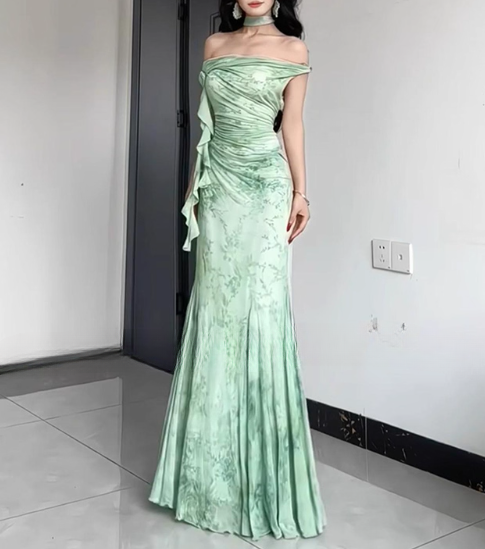 Vintage-Inspired Mint Green Off-Shoulder Floral Mermaid Ruched Ruffled Evening Gown TP5126