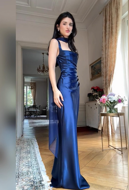 Elegant Navy Blue Satin Square Neck Ruched Evening Gown with Draped Scarf TP5127