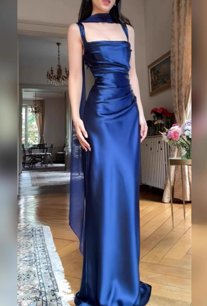 Elegant Navy Blue Satin Square Neck Ruched Evening Gown with Draped Scarf TP5127