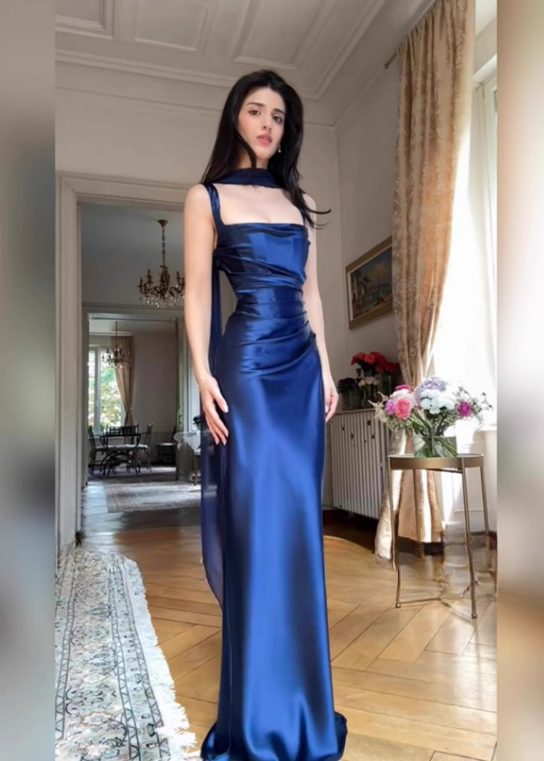 Elegant Navy Blue Satin Square Neck Ruched Evening Gown with Draped Scarf TP5127