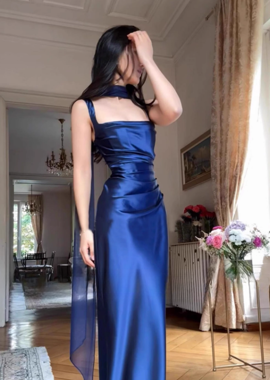 Elegant Navy Blue Satin Square Neck Ruched Evening Gown with Draped Scarf TP5127