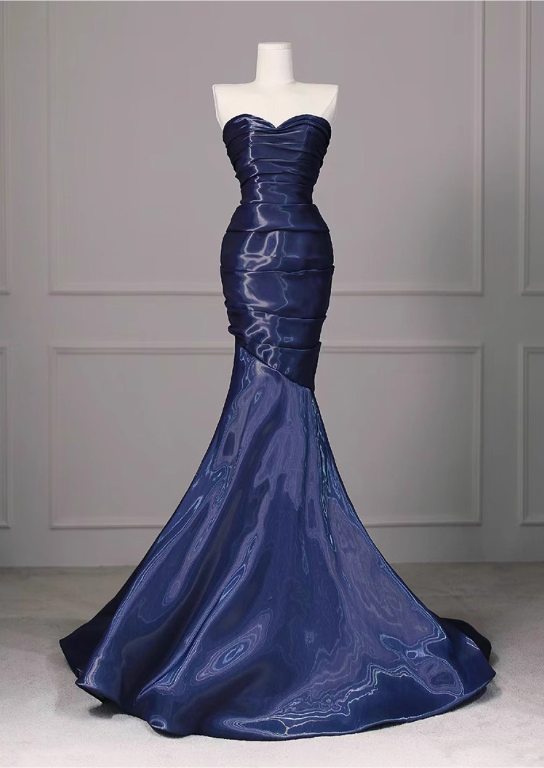 Vintage Navy Blue Satin Mermaid Pleated Evening Gown Strapless Sweetheart Prom Dress TP5149