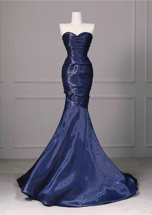 Vintage Navy Blue Satin Mermaid Pleated Evening Gown Strapless Sweetheart Prom Dress TP5149