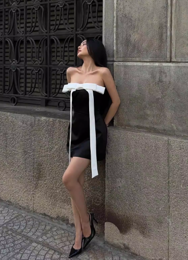 Vintage Black Strapless Sheath Bow Design Mini Dress Homecoming Dress Party Dress Short Cocktail Dress TP5185