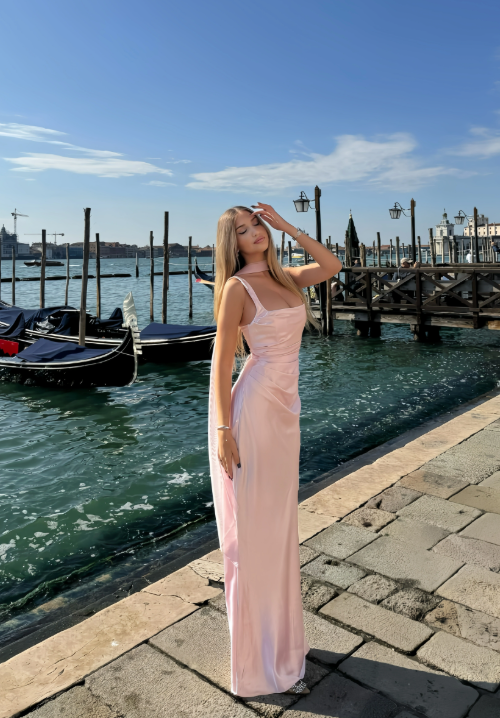 Vintage Pink Satin Sheath Pleated Long Evening Gown TP5189