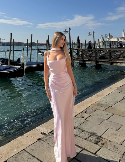 Vintage Pink Satin Sheath Pleated Long Evening Gown TP5189