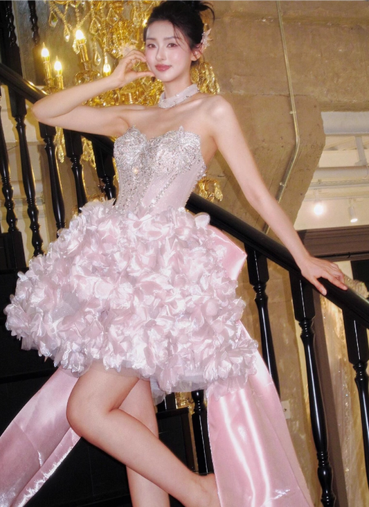 Vintage Pink Beaded Strapless A-Line Floral Ruffles Mini Dress Homecoming Dress Party Dress Short Cocktail Dress TP5191