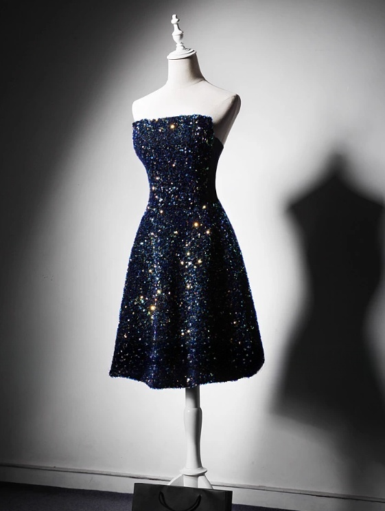 Vintage Navy Blue Sequin Strapless A-Line Mini Dress Homecoming Dress Party Dress Short Cocktail Dress TP5192