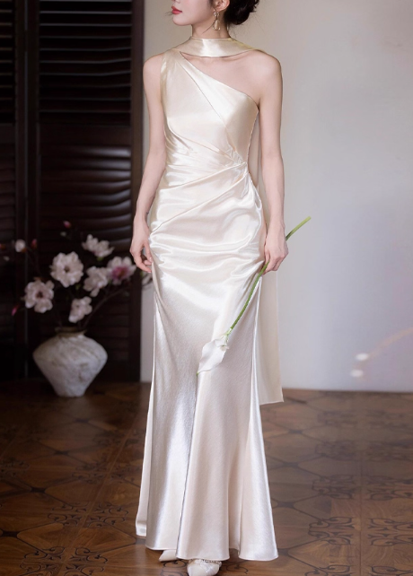 Glamorous Champagne Satin One-Shoulder Ruched Sheath Evening Gown TP5276