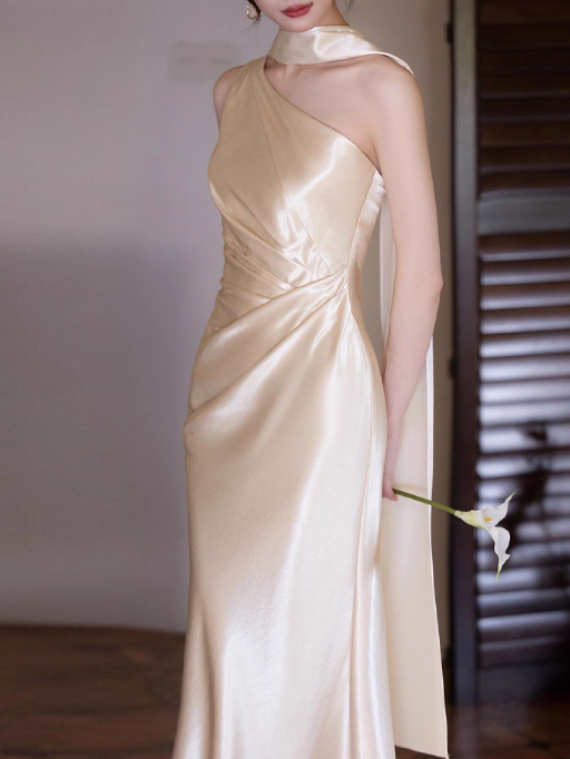 Glamorous Champagne Satin One-Shoulder Ruched Sheath Evening Gown TP5276