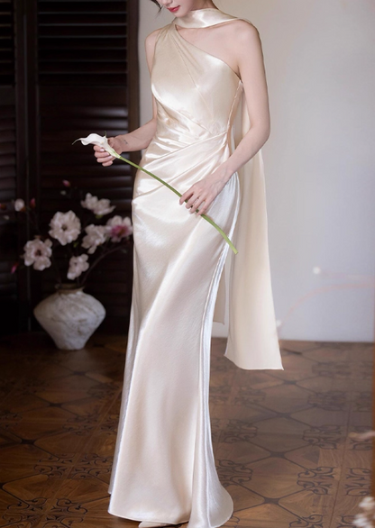 Glamorous Champagne Satin One-Shoulder Ruched Sheath Evening Gown TP5276