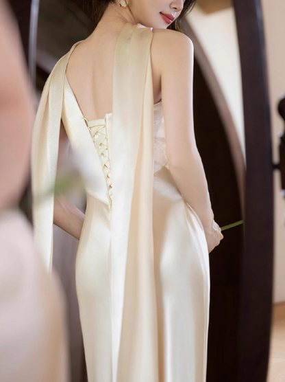 Glamorous Champagne Satin One-Shoulder Ruched Sheath Evening Gown TP5276