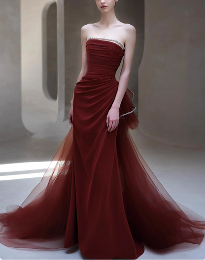 Glamorous Burgundy Strapless Ruched Tulle Rhinestone-Trimmed Evening Gown TP5278