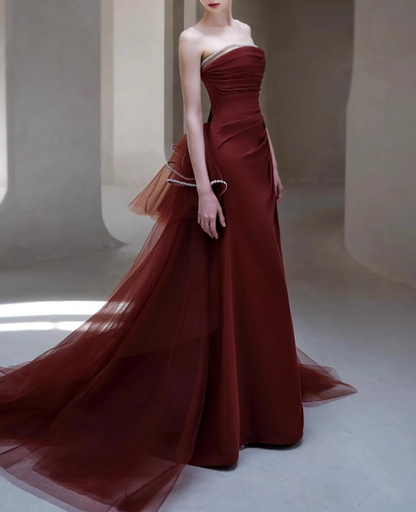 Glamorous Burgundy Strapless Ruched Tulle Rhinestone-Trimmed Evening Gown TP5278