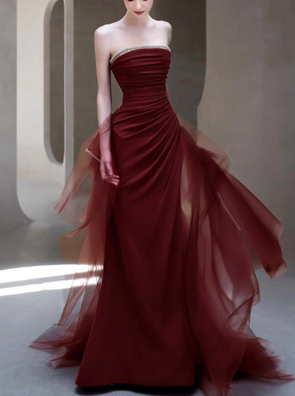 Glamorous Burgundy Strapless Ruched Tulle Rhinestone-Trimmed Evening Gown TP5278