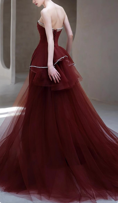 Glamorous Burgundy Strapless Ruched Tulle Rhinestone-Trimmed Evening Gown TP5278