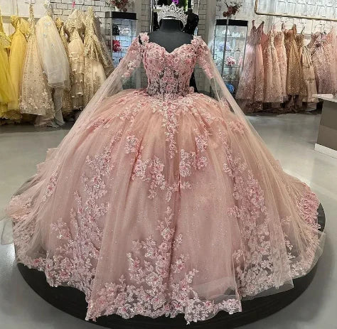 Beautiful Pink Sweetheart Applique Sweet 16 Quinceanera A-Line Tulle Floor-length Prom Dress Birthday Dress Evening Dress Ball Gown TP4547