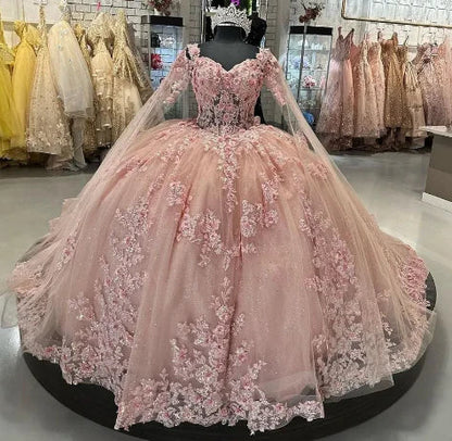 Beautiful Pink Sweetheart Applique Sweet 16 Quinceanera A-Line Tulle Floor-length Prom Dress Birthday Dress Evening Dress Ball Gown TP4547