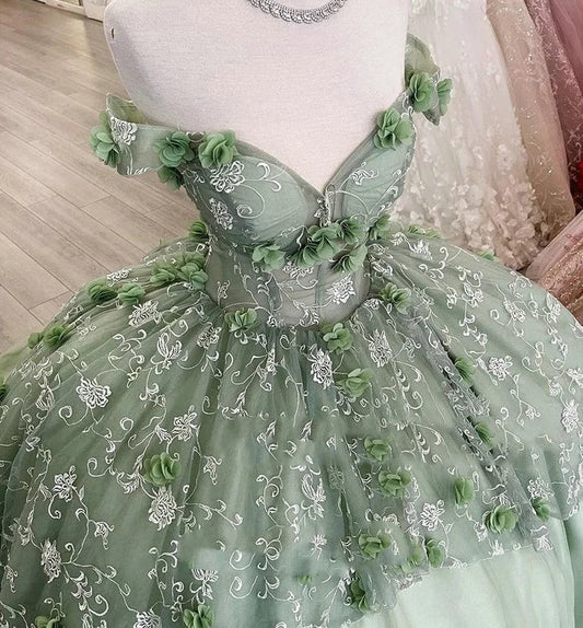 Elegant Sage Green Applique Off-the-shoulder Sweet 16 Quinceanera A-Line Tulle Floor-length Prom Dress Birthday Dress Evening Dress Ball Gown TP4540