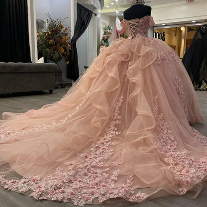 Elegant Pink Applique Sequin Off-the-shoulder Sweet 16 Quinceanera A-Line Floor-length Prom Dress Birthday Dress Evening Dress Ball Gown TP4420