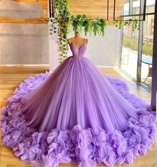 Gorgeous Lilac Spaghetti Strap Ruffle Tulle Sweet 16 Quinceanera A-Line Floor-length Prom Dress Birthday Dress Evening Dress Ball Gown TP4537