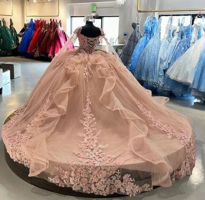 Beautiful Pink Sweetheart Applique Sweet 16 Quinceanera A-Line Tulle Floor-length Prom Dress Birthday Dress Evening Dress Ball Gown TP4547
