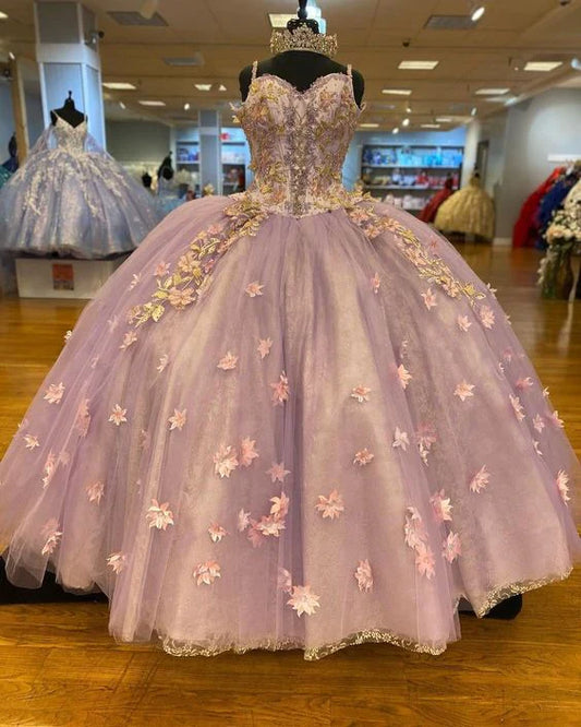 Elegant Applique Beaded Spaghetti Strap Sweet 16 Quinceanera A-Line Tulle Floor-length Prom Dress Birthday Dress Evening Dress Ball Gown TP4542