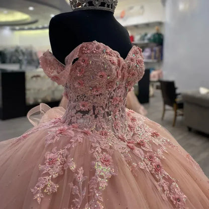 Elegant Pink Applique Sequin Off-the-shoulder Sweet 16 Quinceanera A-Line Floor-length Prom Dress Birthday Dress Evening Dress Ball Gown TP4420