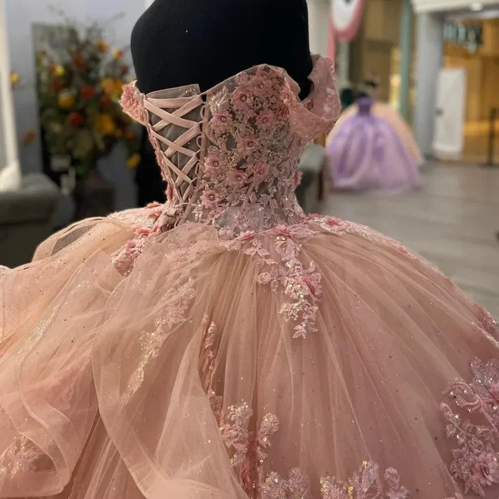 Elegant Pink Applique Sequin Off-the-shoulder Sweet 16 Quinceanera A-Line Floor-length Prom Dress Birthday Dress Evening Dress Ball Gown TP4420