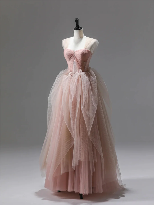 A line Pink Corset Long Tulle Prom Dress With Ruffles P1844