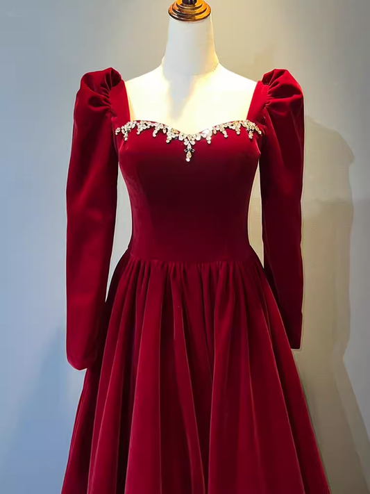 A Line Long Sleeves Red Velvet Prom Dresses P1917