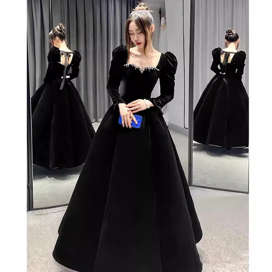 A Line Long Sleeves Black Velvet Prom Dresses P1918