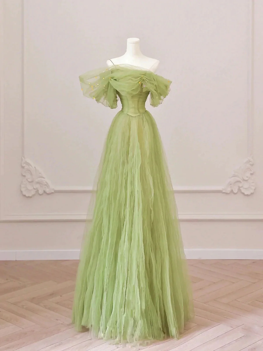 A Line Off the Shoulder Green Tulle Long Prom Dresses P2200