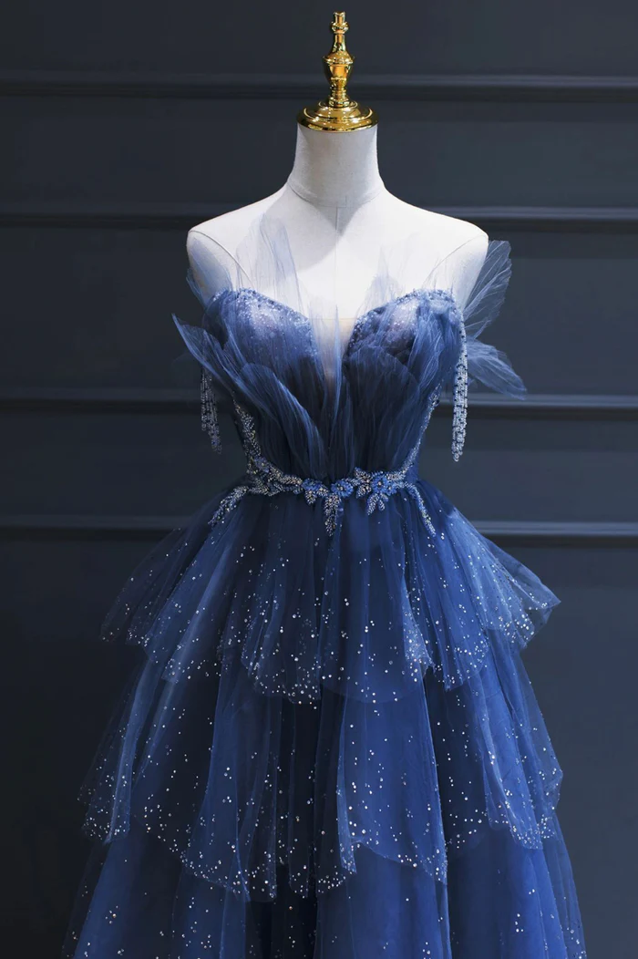 A line Royal Blue Tulle Beaded Long Senior Prom Dress P2206