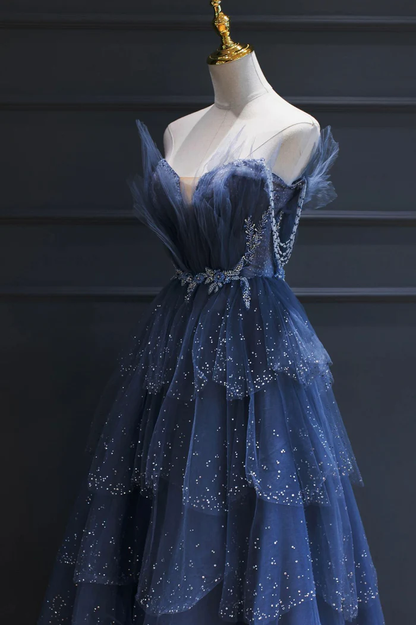 A line Royal Blue Tulle Beaded Long Senior Prom Dress P2206