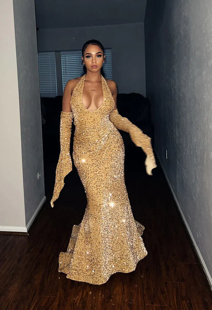 Enchanting Glittering Sequin Beaded Mermaid Halter-neck Prom Dress Party Dress Evening Dress TP4508