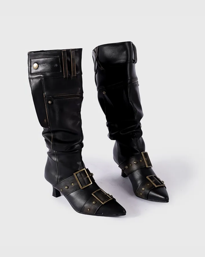 Rebecca Buckle Rivet Relaxed Knee High Boots In Black