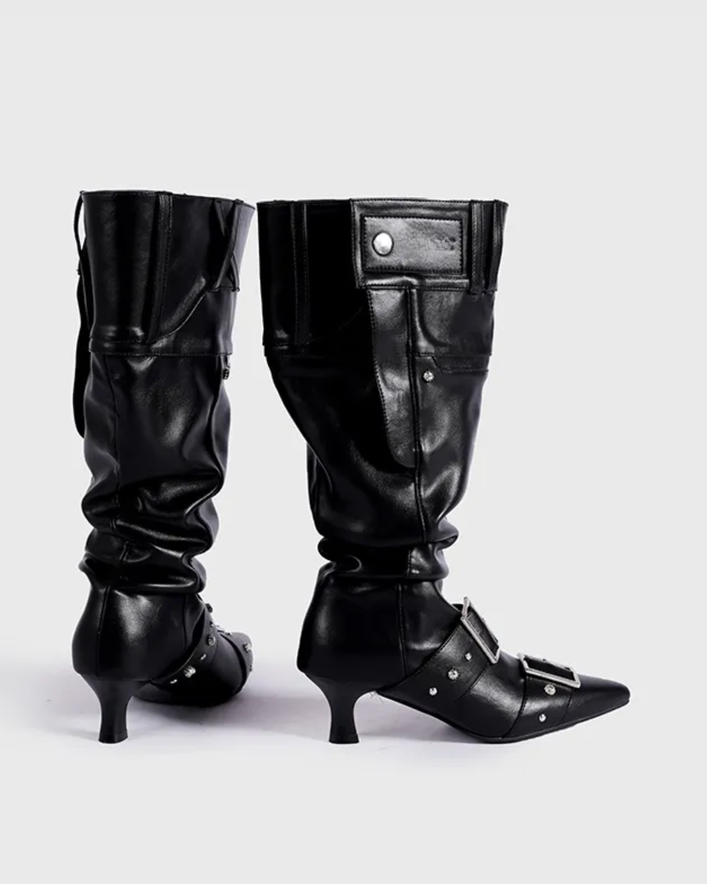 Rebecca Buckle Rivet Relaxed Knee High Boots In Black