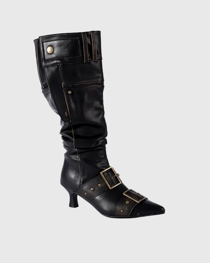 Rebecca Buckle Rivet Relaxed Knee High Boots In Black