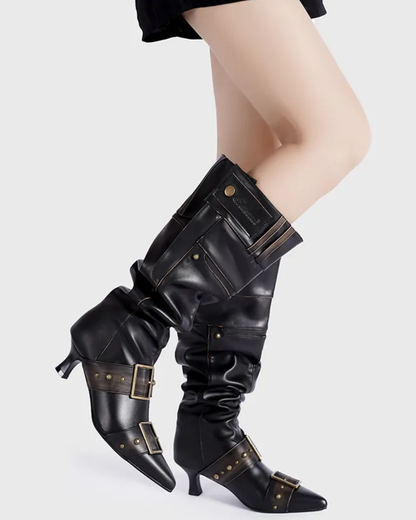 Rebecca Buckle Rivet Relaxed Knee High Boots In Black