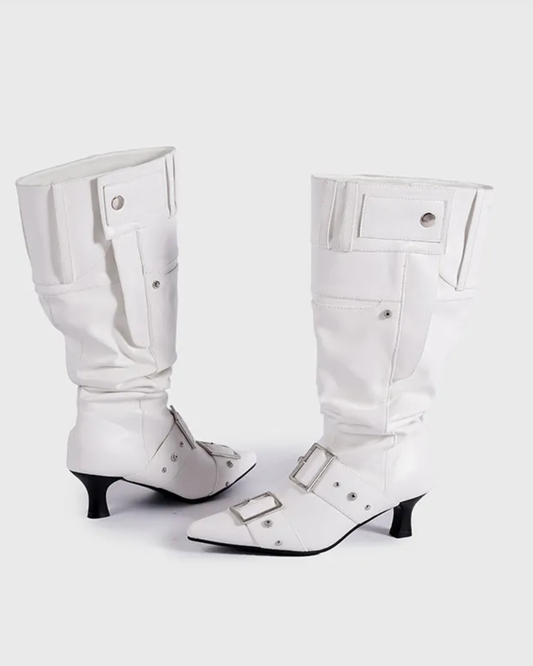 Rebecca Buckle Rivet Relaxed Knee High Boots In White