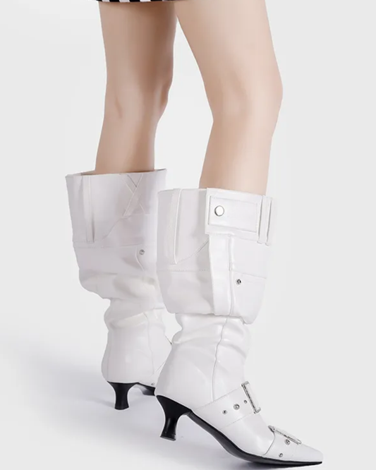 Rebecca Buckle Rivet Relaxed Knee High Boots In White