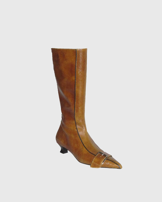 Regina Buckle Texture Leather Knee High Boots In Brown