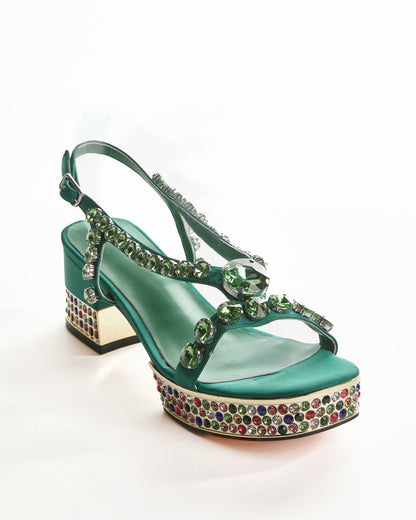 Riccarda Rhinestore Strap Platform Sandals In Green