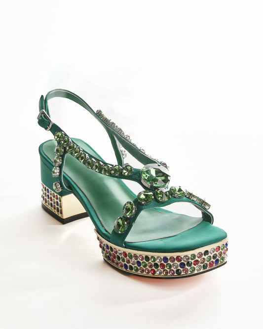 Riccarda Rhinestore Strap Platform Sandals In Green